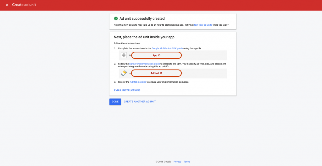 App ID and Ad Unit ID Screenshot