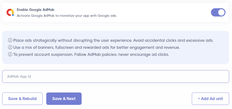 WebToApps AdMob Setup Screenshot